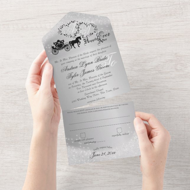Fairytale Wedding Carriage Silver Gray All In One Invitation (Tearaway)