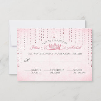 Fairytale Wedding Pink Sparkles & Crown RSVP Card