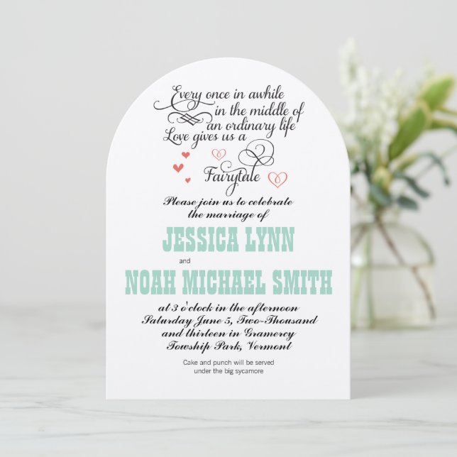 FairyTale Whimsical Hearts Mint Coral Love Bird Invitation (Standing Front)