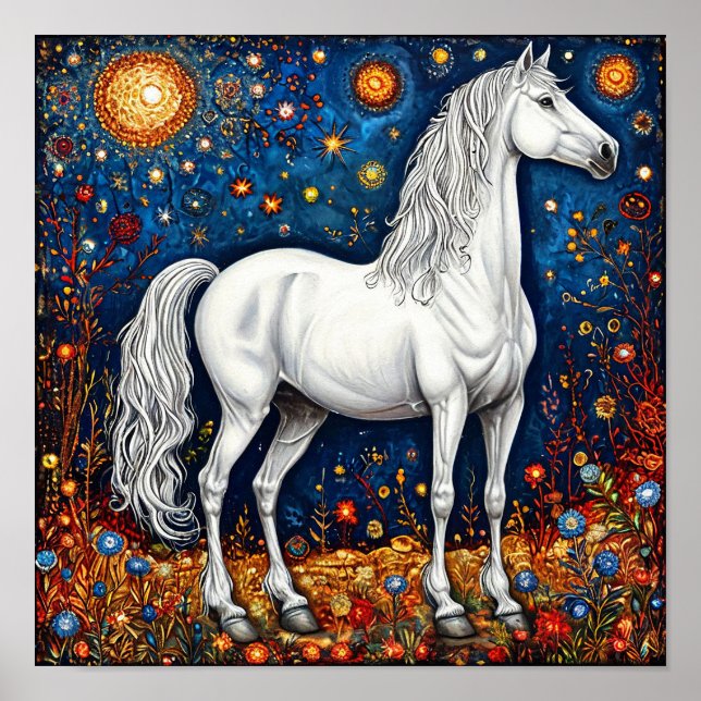 🌙 Fairytale White Horse Under Starry Sky Dream Poster (Front)