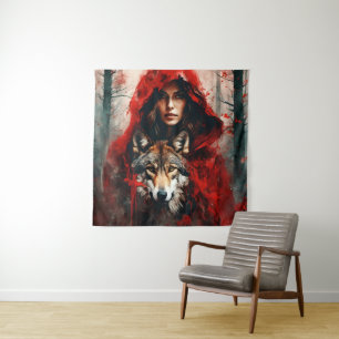Fairytale Woman and a Wolf Tapestry