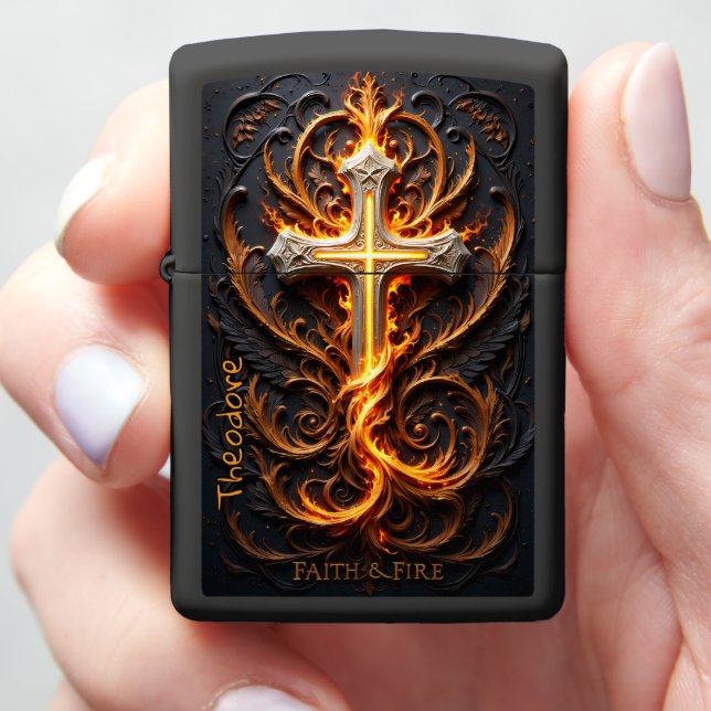 Faith and Fire Ornate Crucifix Zippo Lighter (In Hand)