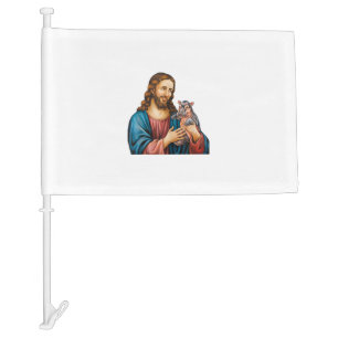 Faith and Fun Moo Deng the Hippo Held by Jesus Tan Car Flag