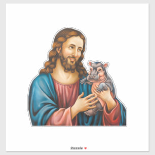 Faith and Fun Moo Deng the Hippo Held by Jesus Tan Sticker