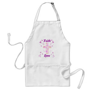 Faith and Love Cross of Roses with Pink Butterflie Adult Apron