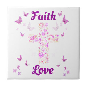 Faith and Love Cross of Roses with Pink Butterflie Ceramic Tile