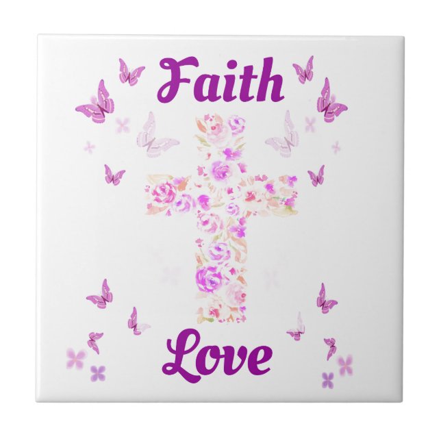 Faith and Love Cross of Roses with Pink Butterflie Ceramic Tile (Front)