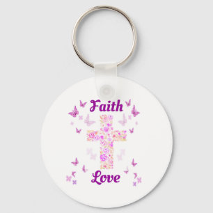 Faith and Love Cross of Roses with Pink Butterflie Keychain