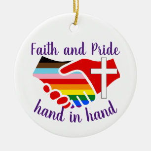 Faith and Pride hand in hand Rainbow Pride Cross Ceramic Ornament