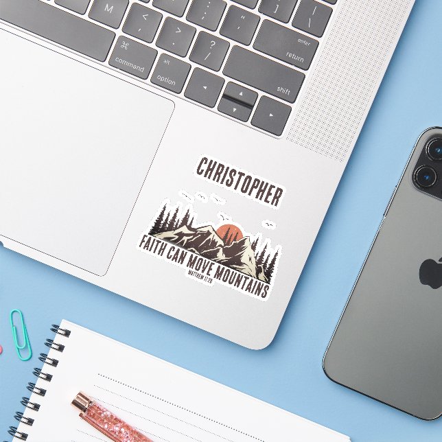 Faith Can Move Mountains Christian Gift Camping Sticker (Laptop w/ iPhone)