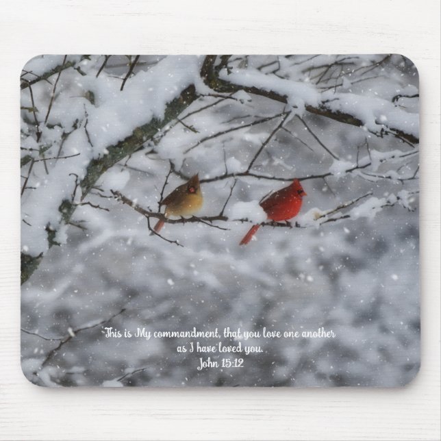 Faith Cardinal Couple in Snow Bible Verse Mouse Pad (Front)