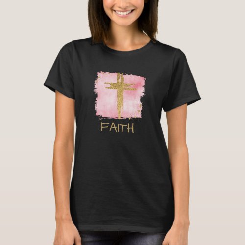  FAITH Christian PinK Cross Gold Glitter T_Shirt