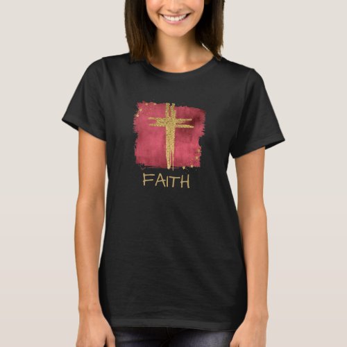  FAITH Christian Red Cross Gold Glitter T_Shirt