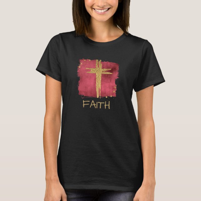 *~* FAITH Christian Red Cross Gold Glitter T-Shirt (Front)