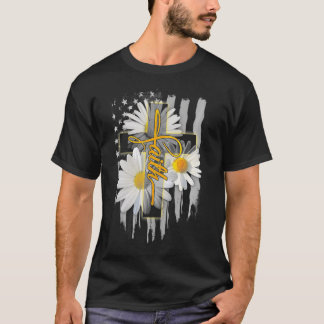 Faith Cross Casual Cross Daisy US Flag Floral  T-Shirt