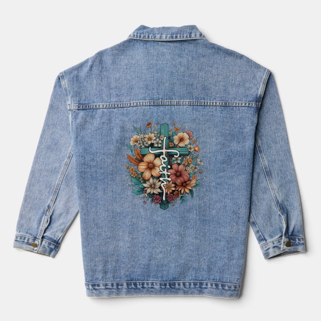Faith Cross Flowers Religious Christian Design on Denim Jacket (Back)