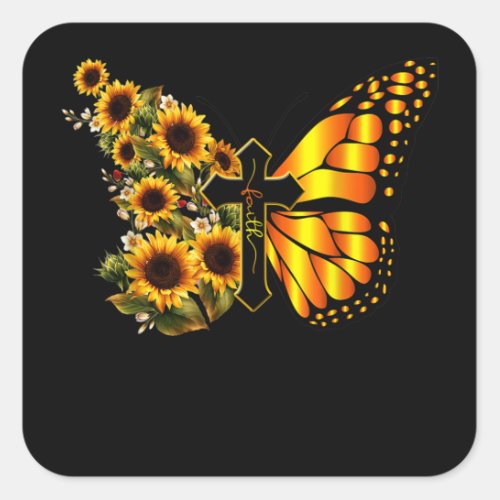 Faith Cross Sunflower Butterfly Christian Square Sticker