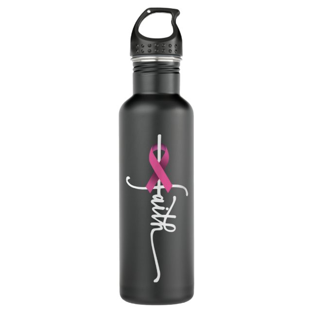 Faith Cross Warrior Survivor Pink Ribbon Breast Ca Stainless Steel Water Bottle (Front)