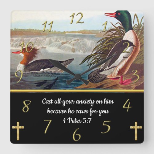 Faith cross with two ducks 1 Peter 57 Square Wall Clock