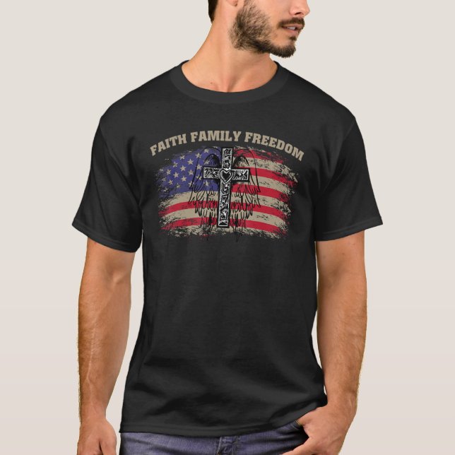 Faith Family Freedom American Flag Cross Christian T-Shirt (Front)