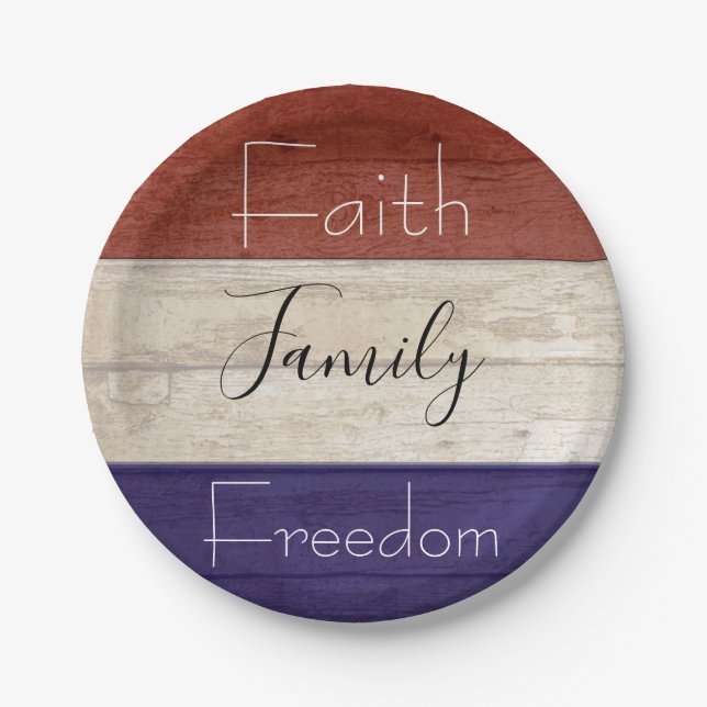 Faith family freedom patriotic wood  paper plates (Front)