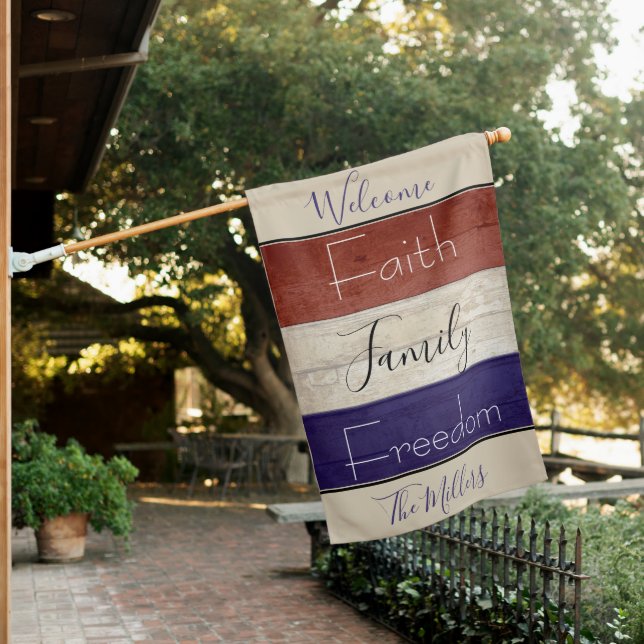 Faith family freedom patriotic wood personalized house flag (In SItu)