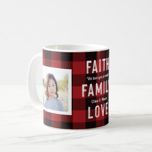 FAITH FAMILY LOVE Red Tartan Plaid Holiday Photo Coffee Mug