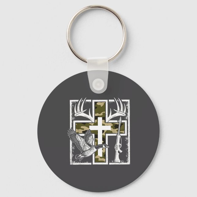 Faith Fishing Hunting Camo Cross Duck Deer Christi Keychain (Front)