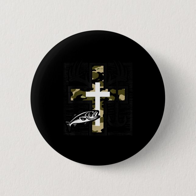 Faith Fishing Hunting Camo Cross With Hook B Chris Button (Front)