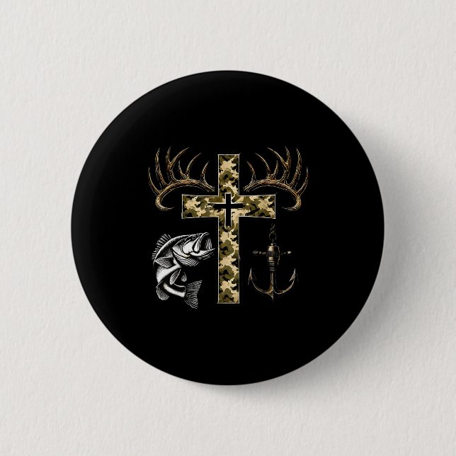 Faith Fishing Hunting Camo Cross With Hook B Chris Button (Front)