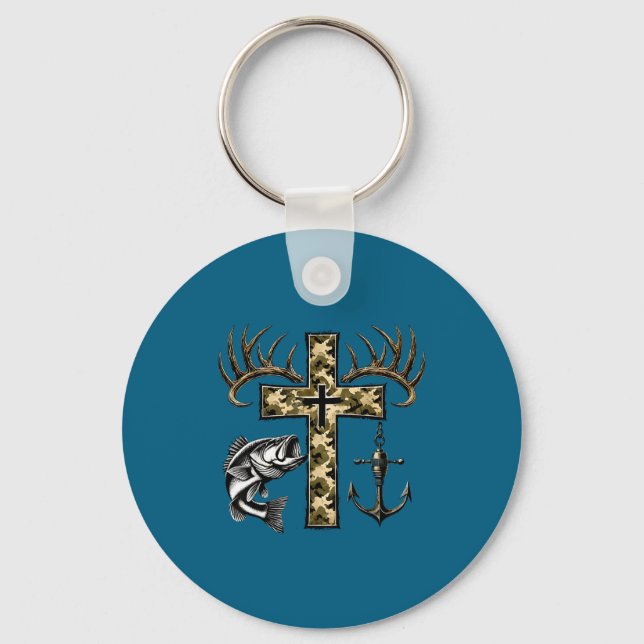 Faith Fishing Hunting Camo Cross With Hook B Chris Keychain (Front)