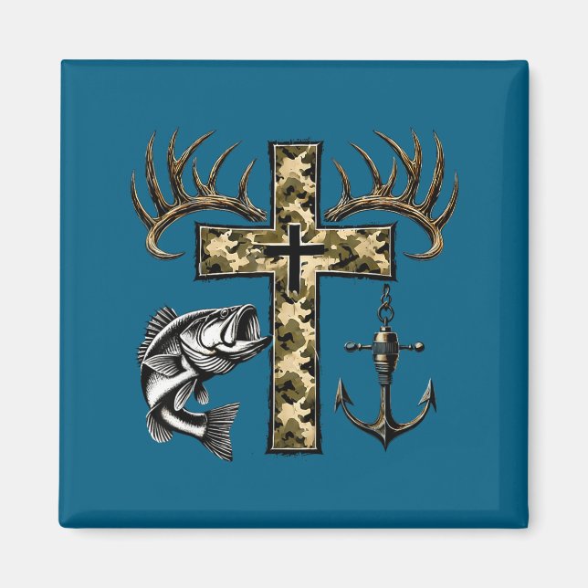 Faith Fishing Hunting Camo Cross With Hook B Chris Magnet (Front)