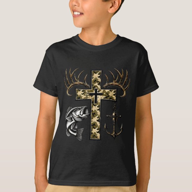 Faith Fishing Hunting Camo Cross With Hook B Chris T-Shirt (Front)
