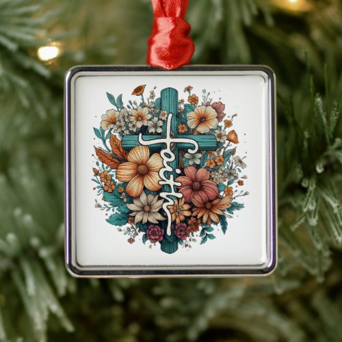 Faith Flowers Cross Religious Christian Christmas Metal Ornament