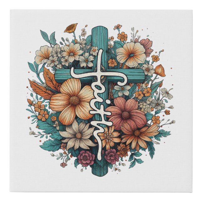 Faith Flowers Cross Religious Christian Faux Canvas Print (Front)