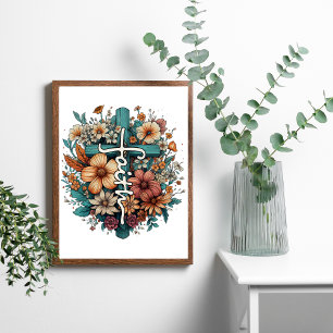 Faith Flowers Cross Religious Christian Poster