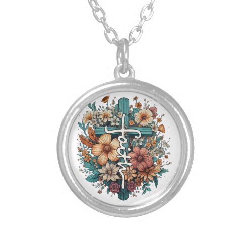 Faith Flowers Cross Religious Christian Silver Plated Necklace