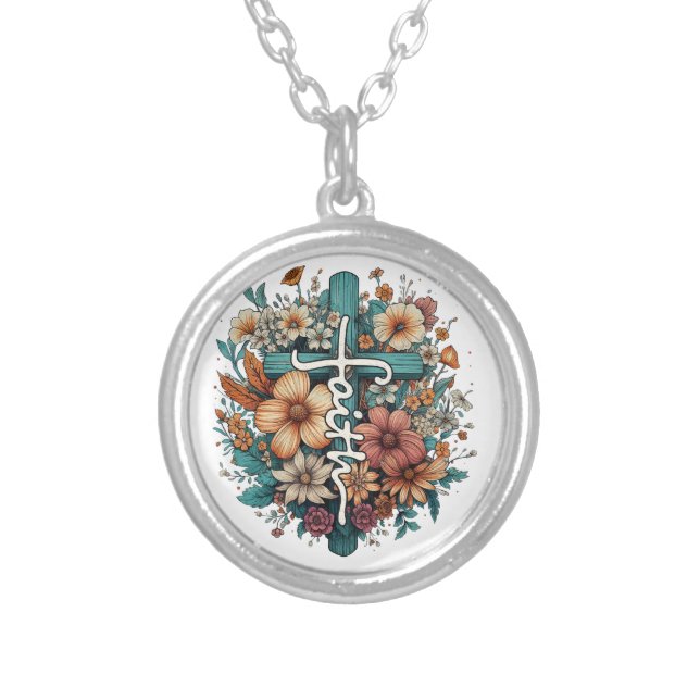 Faith Flowers Cross Religious Christian Silver Plated Necklace (Front)