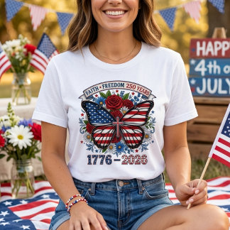Faith Freedom 250 Years Patriotic Butterfly Cross T-Shirt