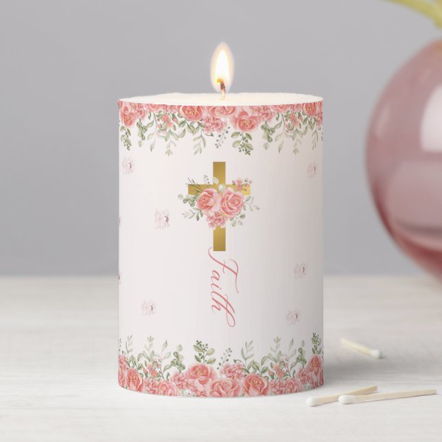 Faith Gift Floral Cross Pillar Candle (In Situ)