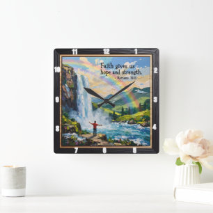 Faith gives us hope and strength. Romans 15:13 Square Wall Clock