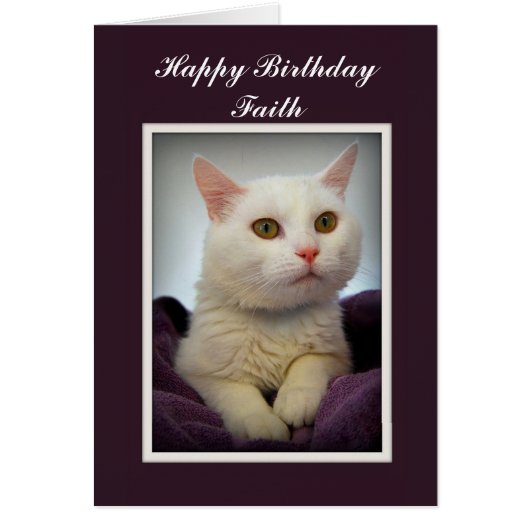 Faith Happy Birthday White Cat Card (Front)