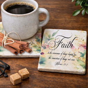Faith Hebrews 11:1 Bible Verse Floral Stone Coaster