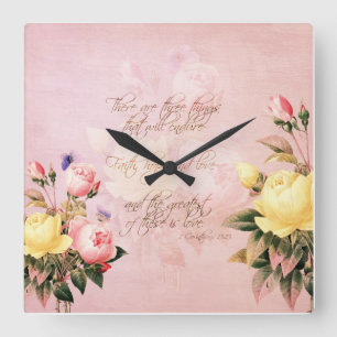 Faith Hope and Love Roses Square Wall Clock