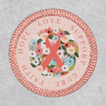 Faith Hope Cure Breast Cancer Ribbon & Florals Patch<br><div class="desc">The design features a pink breast cancer ribbon nestled in a wreath of blooming florals. "Faith hope Love Support cure" is displayed around the design. All illustrations are hand-drawn original artwork by Moodthology.</div>