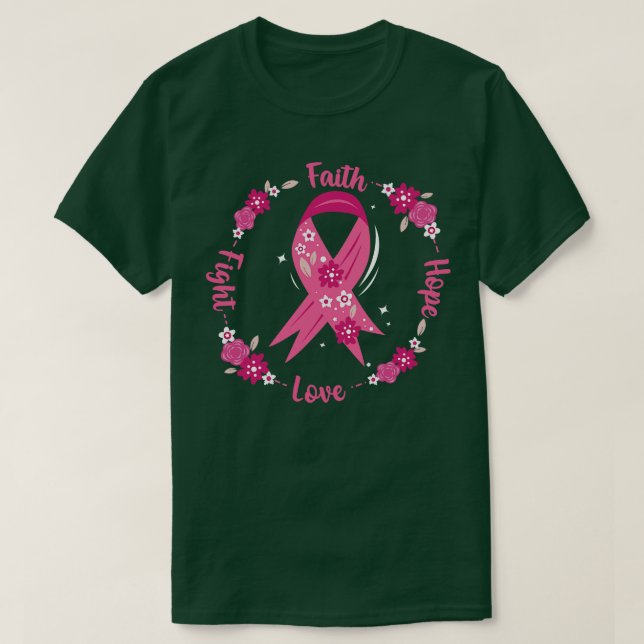Faith Hope Fight Love Awareness Pink Ribbon Floral T-Shirt (Design Front)