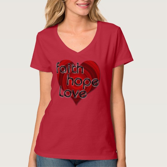 Faith Hope Love Black/Red Heart Christian Shirt, T-Shirt (Front)