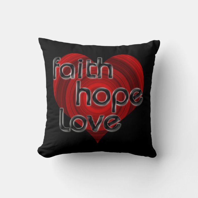 Faith Hope Love Black/Red Heart Throw Pillow (Front)