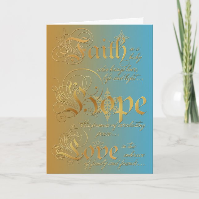 Faith, Hope, Love Blue and Gold Christmas Card (Front)