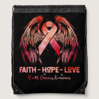 Faith hope love breast cancer pink wings back drawstring bag